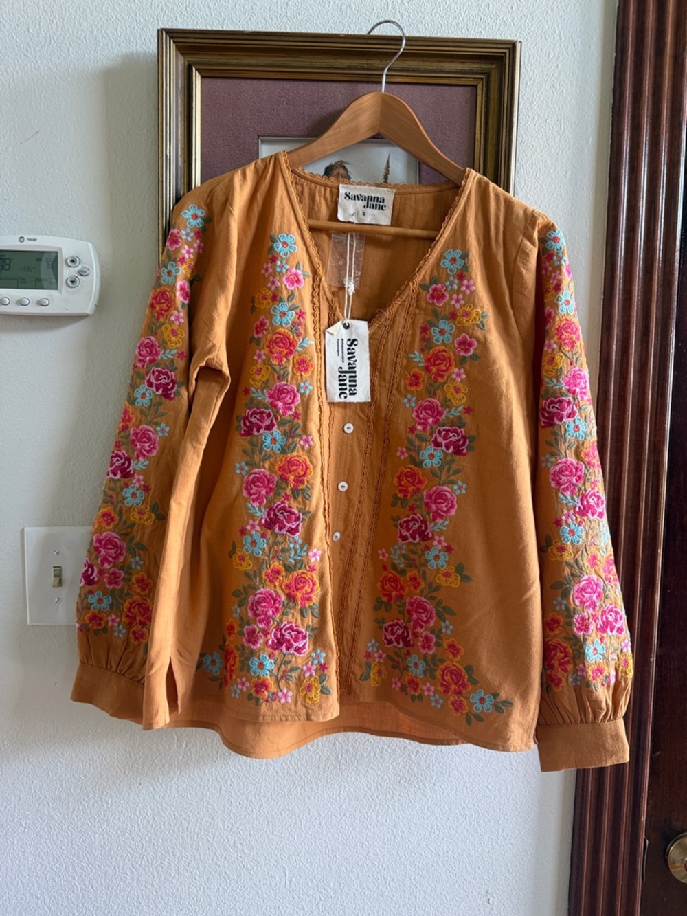 Savanna Jane Mustard Floral Embroidered Faux Button-Up Blouse